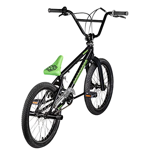 Foto von Bullseye Project 301 BMX für Mädchen Jungen 145 cm mit 4 Pegs und 360° Rotor, Einsteiger Fahrrad 20 Zoll Kinder Jugendliche Unisex mit Bremsen und Kettenschutz (23 cm, schwarz/grün)