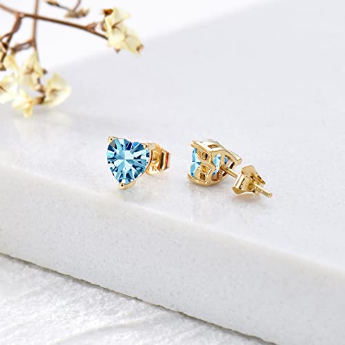 14K Real Gold Heart Stud Earrings For Women Girls,Yellow Gold Love Heart Earrings With Simulated Blue Topaz Post Piercing Jewelry Gifts For Birthday Christmas (14K Gold-Yellow) #TOP5