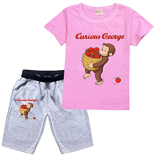 おさるのジョージ 服 子供 キッズ 半袖 上下セット 2点セット 綿 グッズ トップス ズボン 夏 男の子 女の子 100 110 120 130 140 150 160 170通気 吸汗 快適 おしゃれ 誕生日 プレゼント (ピンク01,110cm)