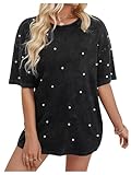 SOLY HUX Women's Pearls Beaded T Shirt Short Sleeve Drop Shoulder Oversized Tees Summer Tops Plain Black Large