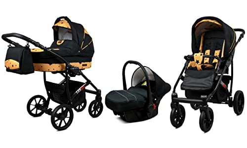 Kinderwagen Largo,3 in 1 -Set Wanne Buggy Babyschale Autositz mit Zubehör Gold Star Cover