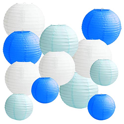 Time to Sparkle 12PCS Blue White Paper Lanterns, 8" 10" 12" Paper Lampshades, Chinese Round Hanging Paper Lanterns Decorations for Weddings, Birthday Party, Anniversaries, Baby Showers — image 1