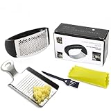 Prensa de ajo con mango, agarre ergonómico que hace que sea más fácil y más rápido, incluso para aquellos con manos más débiles o manos pequeñas.  Este kit contiene también un Rallador de acero inoxidable apto para ajo y/o jengibre.