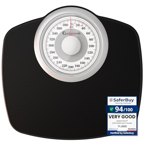 Adamson A25W Scales for Body Weight - Up to 400 LB - 5.3' Dial on 12.4' x 10.2' Platform - Anti-Skid Rubber Surface - High Precision Bathroom Scale Analog - Durable with 20-Year Assurance - White