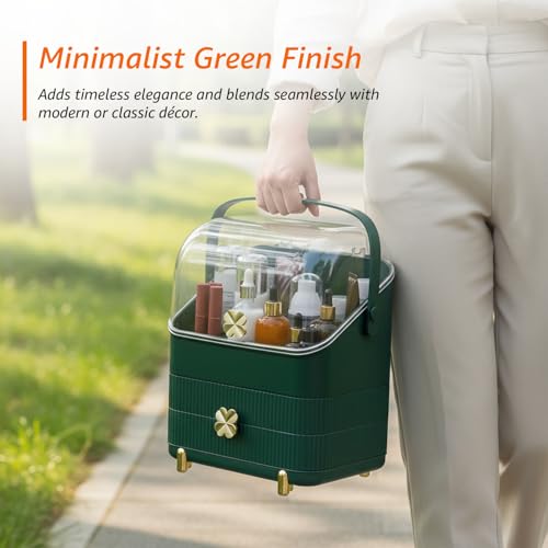 Image of Amazon Basics Glossy HIPS+PS Cosmetic Storage Organizer | 28 x 18 x 36 cm | 3 Compartments | Waterproof & Dustproof Lid | Green