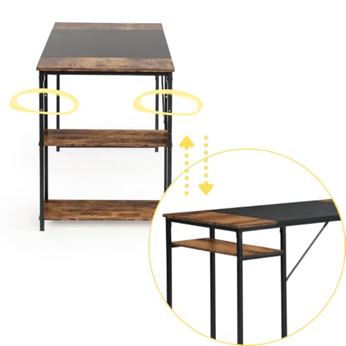 FurnitureR - Escritorio para habitación Infantil, 140 x 60 cm, Bandeja Bicolor, Retro, marrón y Negro, 2 estantes Laterales, Ajuste de Altura, Estructura de Metal, Grandes Espacios de Almacenamiento - imagen 8