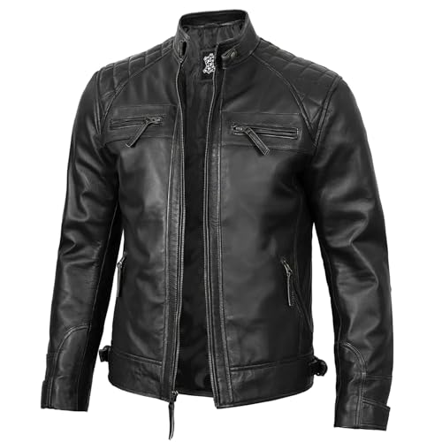 Mens Genuine Leather Biker Jacket Black | Vintage Brown Distressed Lambskin Motorcycle Jackets for Men (US, Alpha, Small, Regular, Regular, Black)