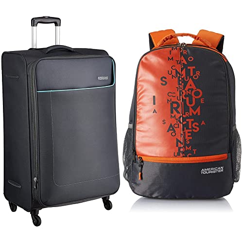 Image of American Tourister 32 Ltrs Black Casual Backpack (Amt Fizz SCH Bag 02 - Black) Ohio Polyester 55 Cms Blue Travel 4 Wheel Spinner Softshell Carry-On Luggage(Fj9 (0) 01 001), Assorted, Small