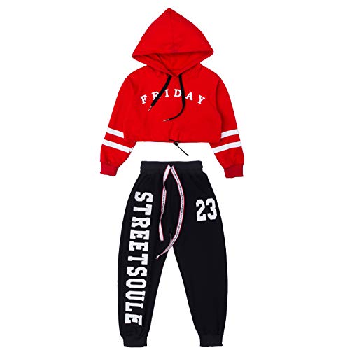 Girls 2 Pieces Outfit Hip Hop Dance Clothes Kids Cropped Hoodie Sweatshirt Sweatpants Jogger Dance Wear Tracksuit Set (Red, 8-10) #TOP4
