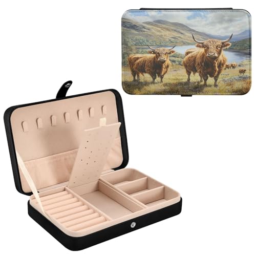 Haskirky Highland Cow Jewelry Box Portable PU Leather Travel Jewelry Organize for Women Jewelry Storage Display Holder for Ring, Necklace, Earring