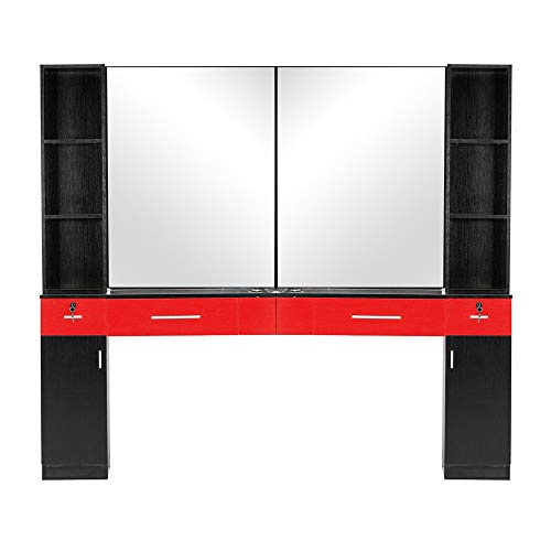 BarberPub Wall Mount Barber Station Hair Styling with Mirror Dressing Table Beauty Salon Spa Equipment Set 3026+3036 (Black&Red) - Image 3