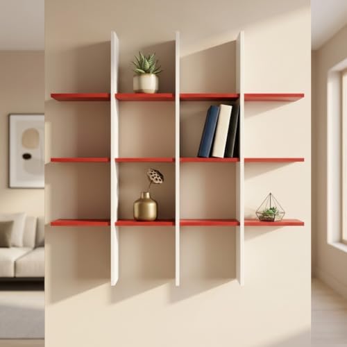 Image of Modern Wooden Wall Shelf for Living Room & Bedroom - Decorative Wall Mounted for Books, Showpieces & Home Decor - Multi-Compartment Floating Wall Organizer RED & White