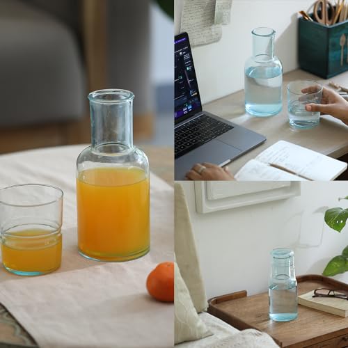 Image of Ellementry JOVE Blue Carafe with Tumbler|Bedside Water Carafe Set | Tumbler Glass for Bedroom Nightstand | Night Water Jug with Cup Glass |Clear Glass Juice /Water Pitcher with Cup for Kitchen