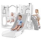 OLAKIDS Toddler Slide and Swing Set, 7 in 1 Kids Indoor Outdoor Playground with Telescope Toy Storage, Climber Basketball Hoop, Ideal Gift for Girls Boys Aged 1+ (Grey)