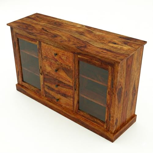 Image of SONA ART & CRAFTS Solid Sheesham Wood Sideboard Cabinet Storage Organizer with 4 Drawer & 2 Glass Door Crockery Cabinet for Home Kitchen Living Room & Bedroom Shelves Cabinets Hallway (Honey Finish)