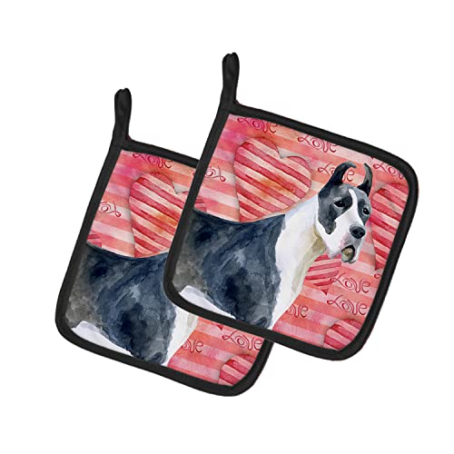Caroline's Treasures BB9730PTHD Harlequin Great Dane Love Pair of Pot Holders, Red Kitchen Heat Resistant Pot Holders Sets Oven Hot Pads for Cooking Baking BBQ, 7 1/2 x 7 1/2