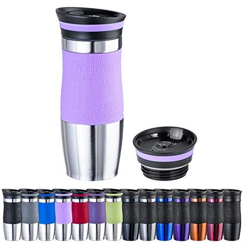 WELLGRO Thermobecher 400 ml + 1 Extradeckel - Edelstahl rostfrei - Silikon Soft-Touch Griffstück - BPA-frei - Isolierbecher doppelwandig - Travel Mug - Kaffeebecher to go, Farbe:Rosa