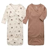 O2 BABY 100% Organic Cotton Kimono Gown with Mittens & Fold-Over Pouch, Unisex Long Sleeve Infant Sleeper Sleeping Bag (3-6Months, Bear & Brown)