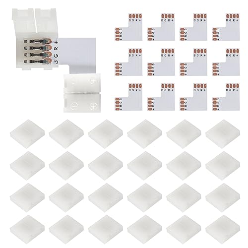 12Pcs LED Strip Connector 4 Pins Connector 10mm/0.39in Wide L Shape Right Angle Connector Lights Corner Adapter Terminal Extension Suitable for Flexible 5050 SMD RGB LED Strip Lights