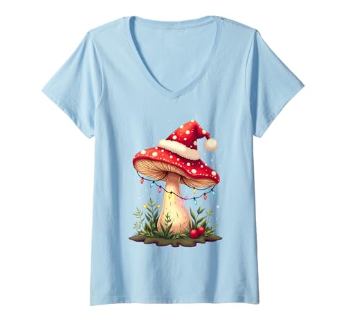 Womens Mushroom Lovers Gift Santa Hat Mushroom Christmas V-Neck T-Shirt
