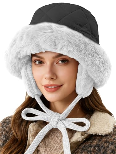 NLAND Sombrero de Pescador Invierno Mujere Cálido Gorro Pescador y Esponjoso Forro Polar Orejas Protección Bucket Hat,Negro Talla única