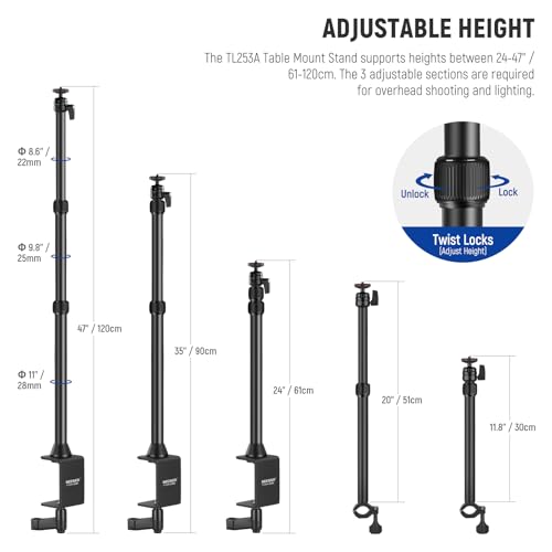 Image of NEEWER Desk Stand with 2 Telescopic Boom Arms Phone Holder for Mic Camera Webcam Ring Light, Desktop Overhead Microphone Mount with C Clamp, Ball Heads, Screw Adapter, Cleaning Cloth, TL253A+DS001