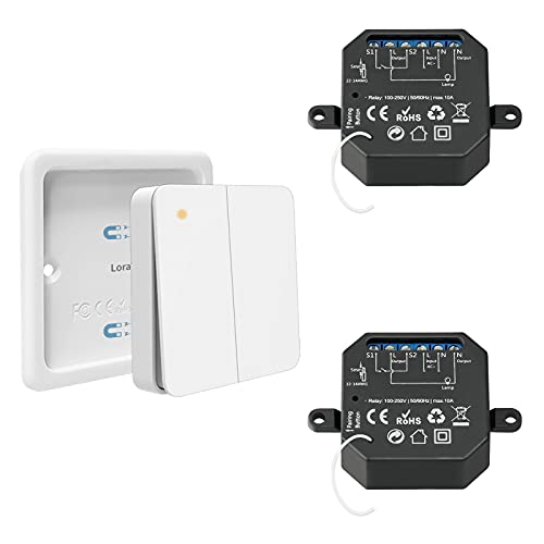 LoraTap Kit Interrupteur Sans Fil, Portée 200M, Emetteur Radio 868Mhz, Commutateur Mural Va et Vient, Commande à Distance, Télécommande ON/OFF Pour Eclairage, 2 Canal