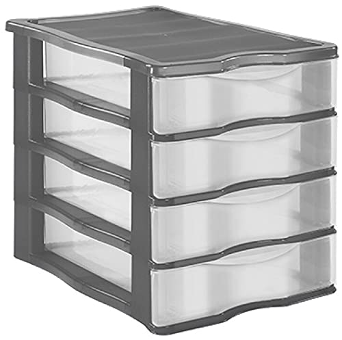 TIENDA EURASIA® Cajonera de Plastico de Sobremesa Apilable - Estructura de Color y Cajones Transparentes - Ideal para organizar el escritorio (Gris, 4 Cajones - 36 x 31 x 28 cm)