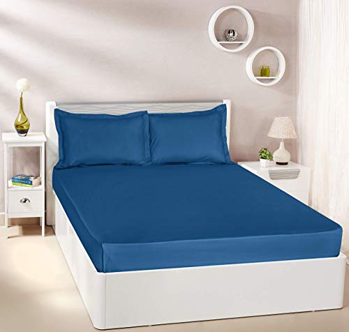 Image of Amazon Brand - Solimo Microfibre Reversible Comforter, Single (Pale Grey & Steel Grey, 200 GSM) Solid 144 TC 100% Cotton Double Bedsheet with 2 Pillow Covers, Navy Blue
