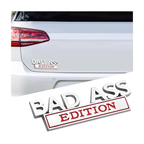 Image of Bad Ass Edition Car Emblem, 3D Metal Vehicle Badge Sticker, Self-Adhesive Cute Auto Decal Replacement Accessories for Tailgate Front Grille Hood Trunk, Universal for Most Cars (Silver /Red)