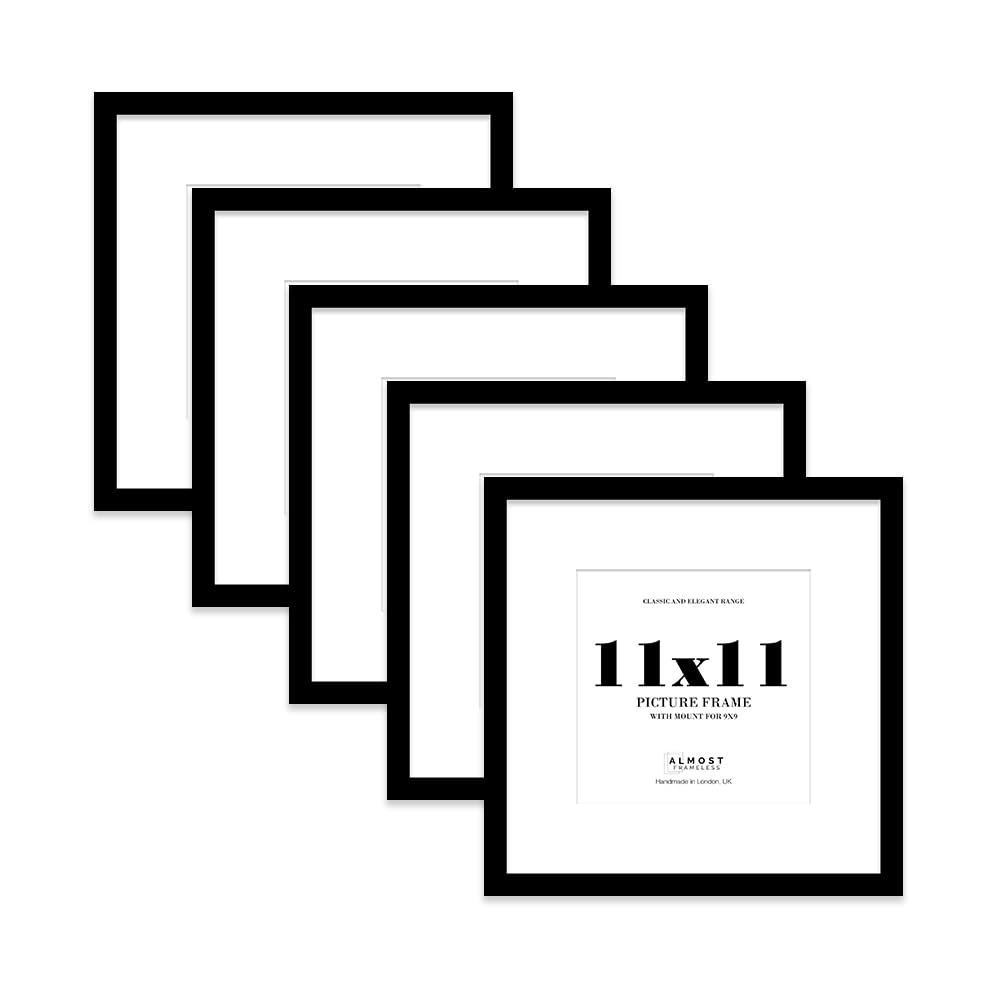 11x11 Black Picture Frame with Mount for 9x9 Photos, Prints - Modern Square Wall Frame, Set of 5