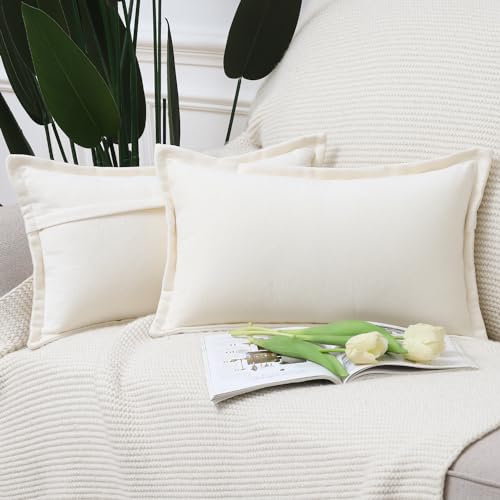 Madizz Lot de 2 Doux Housses de Coussin Courtes en Chenille Douce Simple décorative pour canapé Chambre Blanc crème 30 x 50 cm