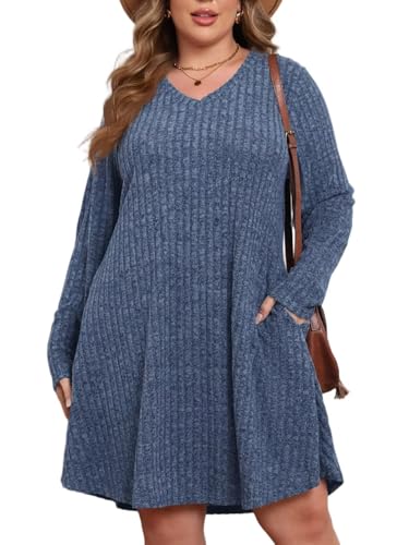 BELAROI Plus Size Sweater Dress for Women Tshirt Fall Dresses Winter V Neck Long Sleeve Pockets Casual Party Loose Fit