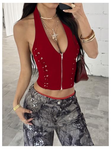 Floerns Women's Lace Up Halter Neck Top Zipper Sleeveless Backless Slim Fit Crop Tops2