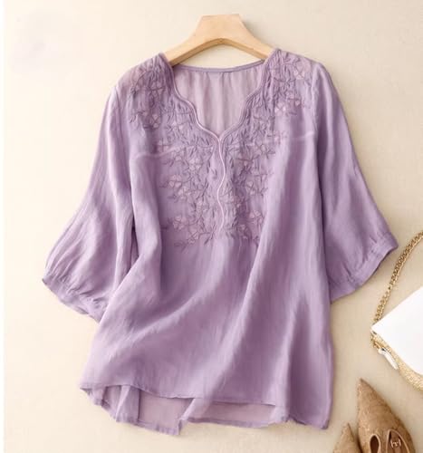 Image of RIEKA Womens Elegant Beige Floral Embroidered Tunic Top with Scalloped V Neck, Elbow Length Sleeves, Relaxed Fit, Lightweight, Casual Ethnic Style Top
