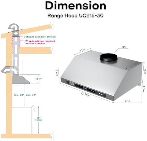 BRANO Under Cabinet Range Hood, 1200 CFM DC Motor Kitchen Hood with 6 Speeds Fan, Stainless Steel Ducted Vent Hood with Voice/Gesture/Touch Control & Memory Mode (30 Inch) — view 5