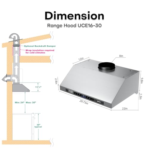 Image of BRANO Under Cabinet Range Hood, 1200 CFM DC Motor Kitchen Hood with 6 Speeds Fan, Stainless Steel Ducted Vent Hood with Voice /Gesture /Touch Control & Memory Mode (30 Inch)