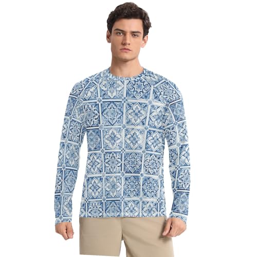 Camisas de natación para hombre con patrón de azulejos de cerámica UPF 50+, tipo holgado, manga larga, protección solar UV, playa, Patrón de azulejos de cerámica, Medium
