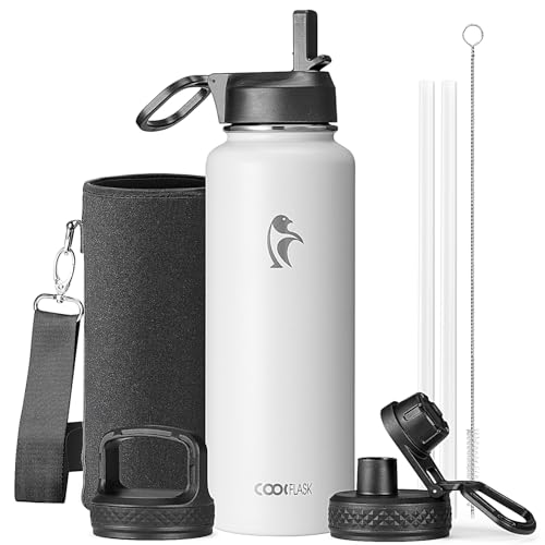 Image of Coolflask 40 oz Water Bottle Insulated with Straw & 3 Leakproof Lids