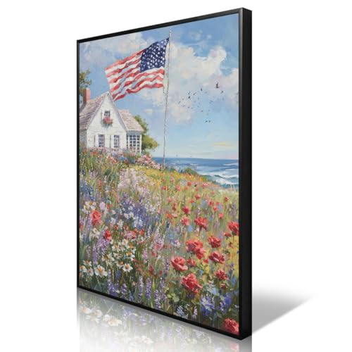 Image of American Flag Canvas Wall Art, 4th of July Patriotic Poster Print, USA Flag and Coastal Wildflower Field Landscape Picture, Farmhouse Independence Day Wall Decor for Bedroom 8x12in Unframed