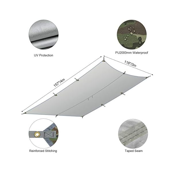 RYACO Tarp 3x4 m Wasserdicht Zeltplane Ultraleicht mit ösen + 6 Erdnägel + 6 Seilen, Anti-UV Schnee Regen Schutz Leicht… – Bild 3