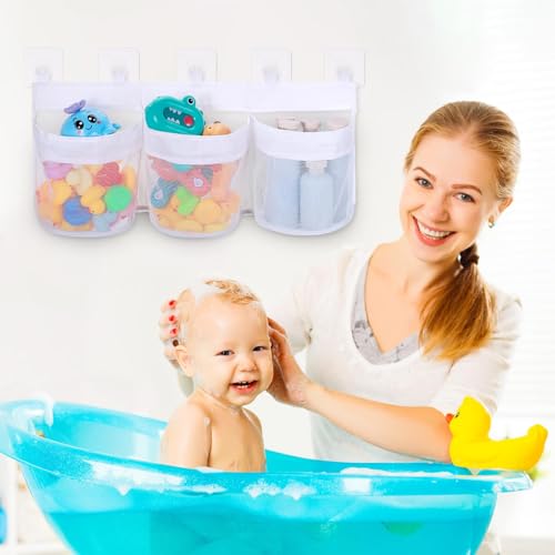 Miniatura 7 de Huiguli Bolsa Juguetes Bañera, Extragrande Organizadores De Juguetes Baño Con 5 Ganchos Autoadhesivos, Red De Almacenamiento Bañera Para Niños Bebés, Secado Rápido Blanco