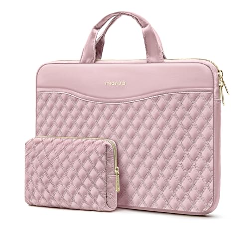 MOSISO 13.3 inch Laptop Case, 13-14 inch Laptop Sleeve Compatible with MacBook Air 13/Pro 13/Pro 14, HP Dell Acer ASUS, Rhombus Quilted Laptop Sleeve Bag with Portable Handle&Pocket&Small Case, Pink