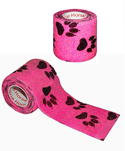 2 Inch Vet Wrap Tape Bulk (Black Paw Prints on Yellow, Red, Teal, Blue, Neon Green, and Neon Pink) (Pack of 24) Self Adhesive Adherent Adhering Flex Bandage Grip Roll for Dog Cat Pet