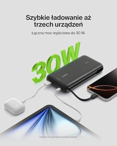 Belkin Przenośna ładowarka, powerbank 20 000 mAh 30 W PD ze zintegrowanym kablem – szybkie ładowanie USB-C Power Delivery, do urządzeń iPhone serii 16, iPad Pro, Galaxy serii S25 i innych – czarna