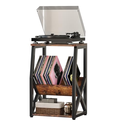 MIN WIN 3 Etagen Plattenspieler-Ständer Aufbewahrung von Schallplatten bis zu 80 Alben Beistelltisch Tisch für Wohnzimmer Schlafzimmer vintagebraun
