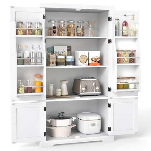 COSTWAY Armario Despensa para Cocina, Mueble Auxiliar de Cocina con 6 Estantes con Puertas y Estantes Ajustables en 5 Posiciones, Mueble de Almacenaje para Comedor y Salón, 77 x 40 x 139 cm, Blanco