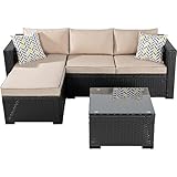 Shintenchi 3 Pcs Patio Furniture Set,Outdoor Sectional Black Wicker Patio Conversation Set,All-Weather Rattan Patio Couch with Washable Cushions and Glass Coffee Table(Khaki)
