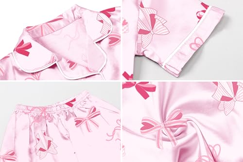 Image of Umeyda Women & Girls Pajamas Set, Soft Satin Lightweight Silk Button-Down Top with Shorts 2 Piece PJS for Mom Boys Kids Gifts