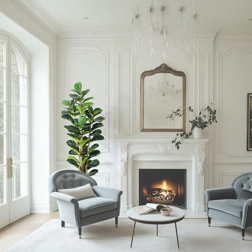 6FT Artificial Fiddle Leaf Fig Tree with Natural Wood Trunk,Tall Fake Fiddle Leaves Plant in White Planter, Floor Plants for Living Room Indoor Home Decor,Housewarming Gift